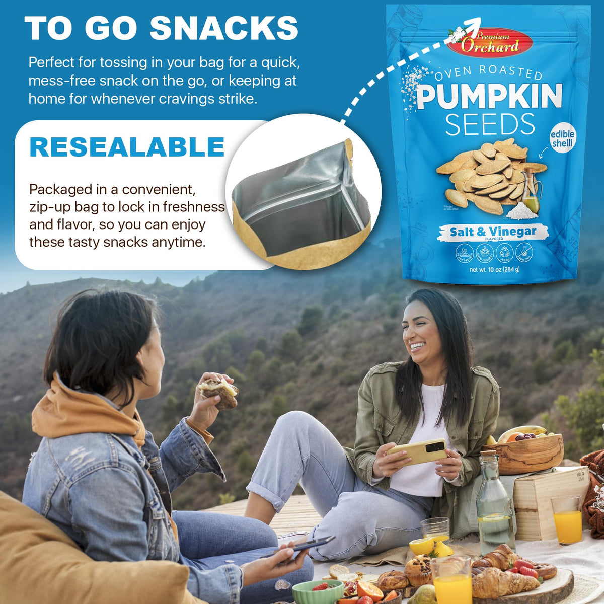 Premium Orchard pumpkin seeds snack bag, plant-based protein anytime.