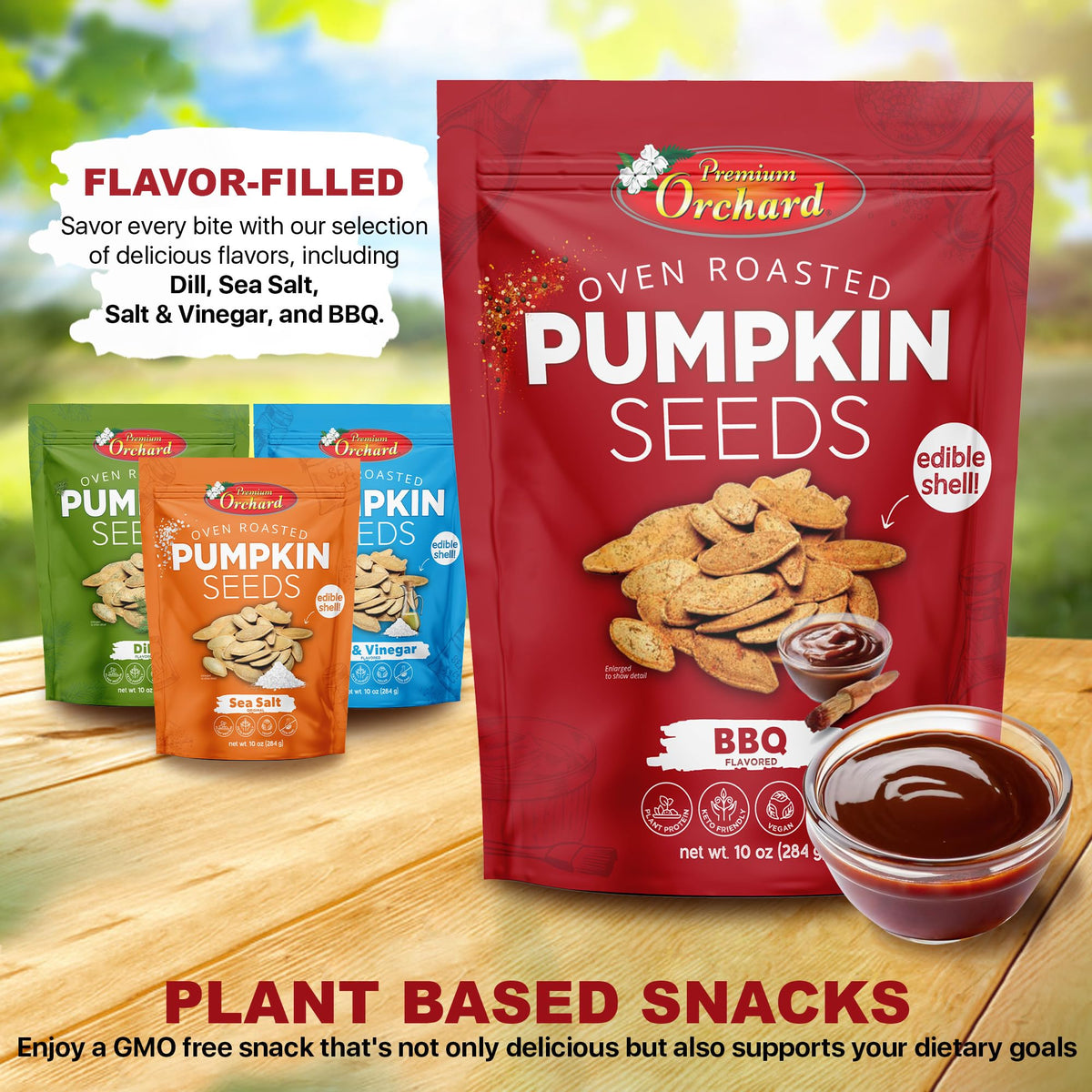 Premium Orchard vegan pumpkin seeds provide a plant-based snack option