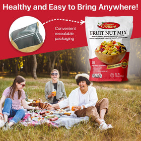 Premium Orchard resealable packaging keeps trail mix fresh after opening for later snacking.