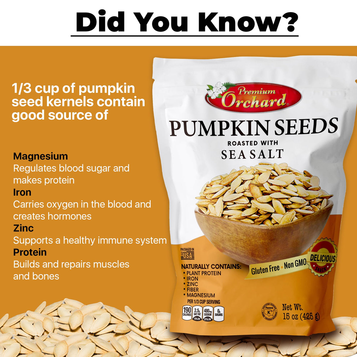 Premium Orchard pumpkin seeds sprinkled on a salad for extra crunch