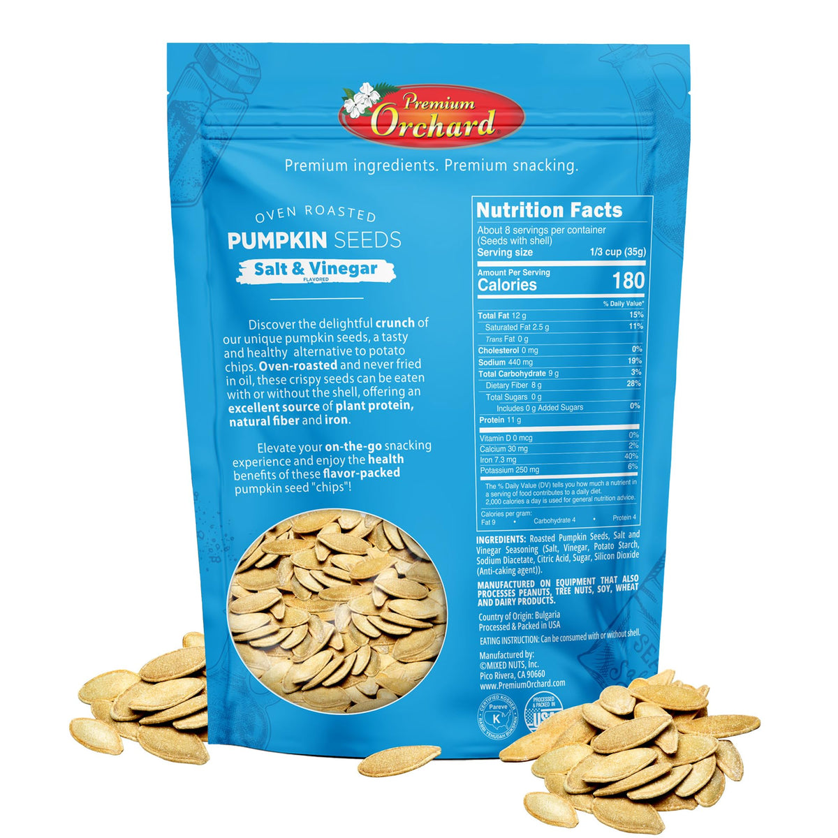 Premium Orchard salt vinegar pumpkin seeds in bag, crisp flavor for travel.