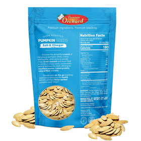 Premium Orchard salt vinegar pumpkin seeds in bag, crisp flavor for travel.