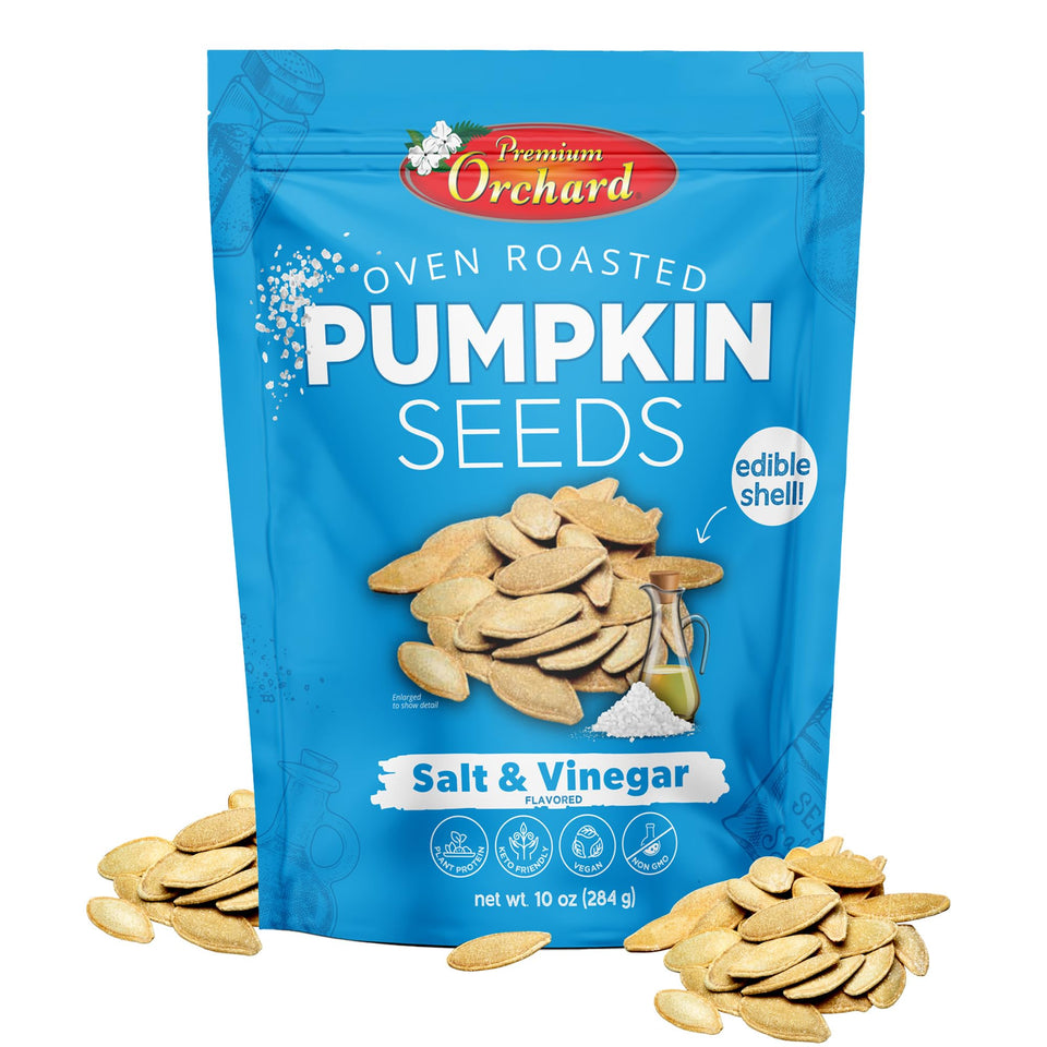 Premium Orchard sea salt pumpkin seeds on-the-go bag, protein-rich snack.