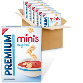 Premium Original Mini Saltine Crackers in the box front, ideal for quick snacking.