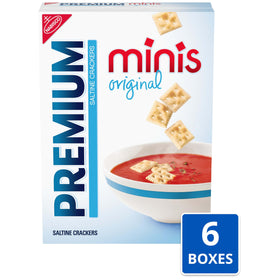 Premium Original Mini Saltine Crackers crisp texture close-up inviting crunch.