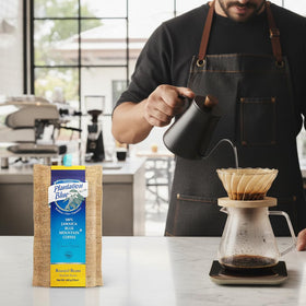 Premium Plantation Blue Tradition Class Experience fresh-roasted foil pouch with valve preserving aroma.