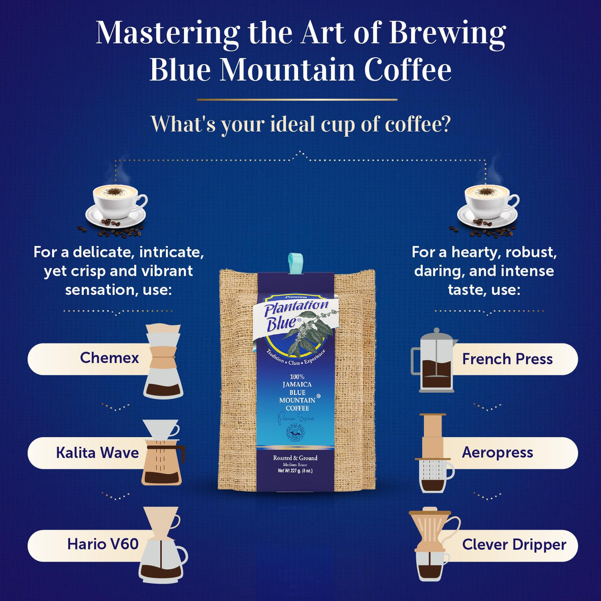 Ground Jamaica Blue Mountain coffee from Premium Plantation Blue Tradition Class Experience ready for brewing.