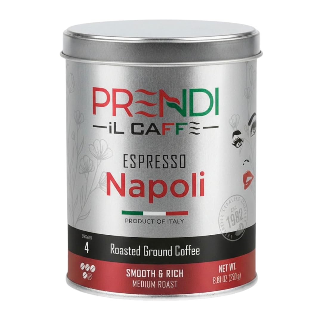 Prendi Ground Espresso Napoli in a can for easy moka pot brewing at home.