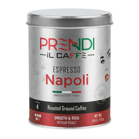 Prendi Ground Espresso Napoli in a can for easy moka pot brewing at home.