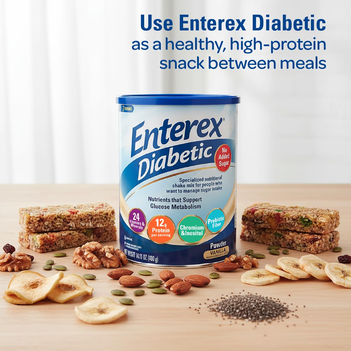 Prepared Enterex Diabetic vanilla shake ready as a meal replacement option.