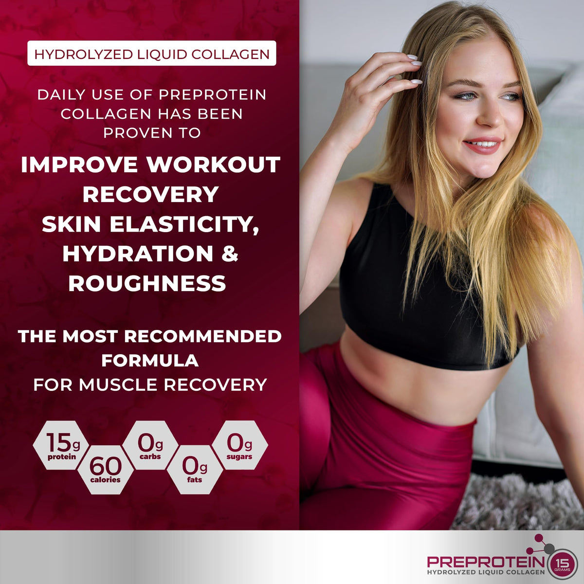 PreProtein 15 liquid collagen cherry label highlights sugar-free option.