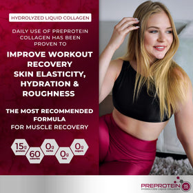 PreProtein 15 liquid collagen cherry label highlights sugar-free option.