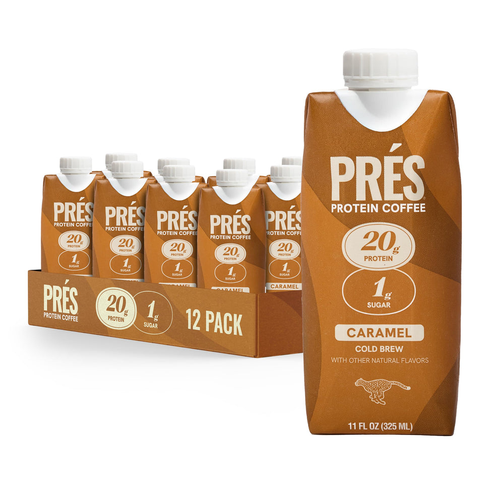 PRÉS Protein Coffee Caramel bottle highlights 20g protein and natural caffeine for active mornings.