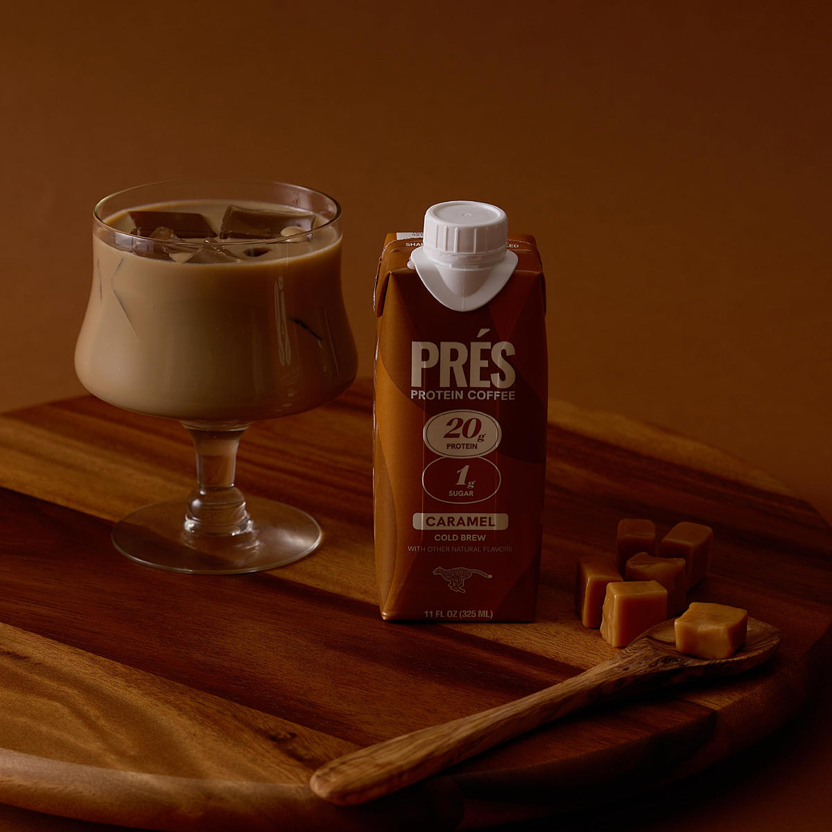 PRÉS Protein Coffee Caramel caffeine detail highlights 120mg natural caffeine from Arabica.