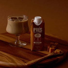 PRÉS Protein Coffee Caramel caffeine detail highlights 120mg natural caffeine from Arabica.