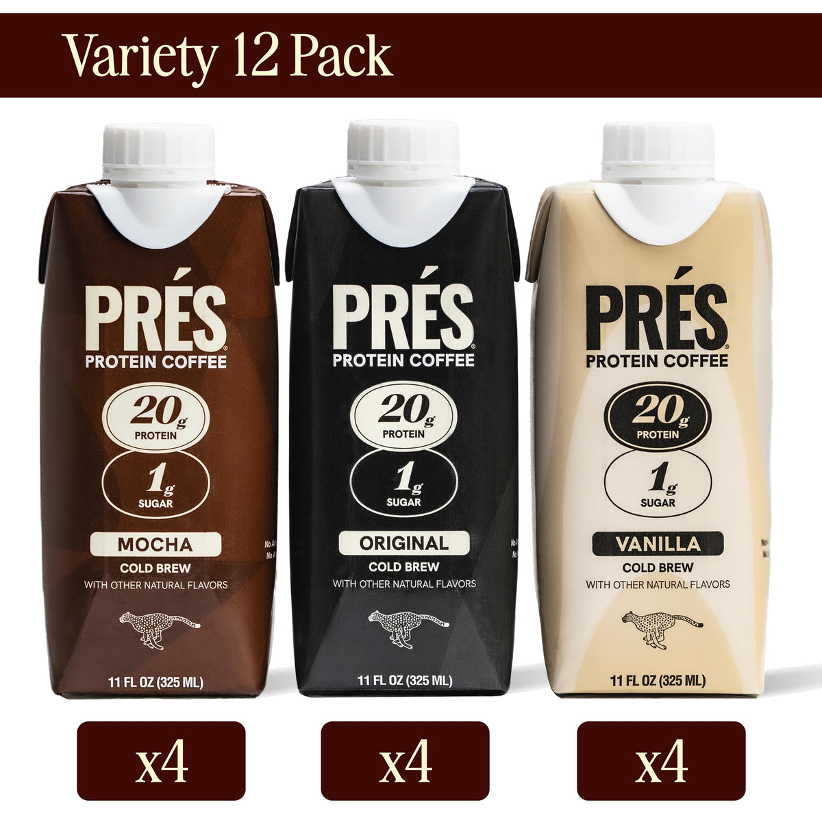 PRÉS Protein Coffee real cold brew pour highlights natural caffeine boost.