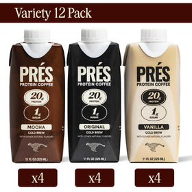PRÉS Protein Coffee real cold brew pour highlights natural caffeine boost.