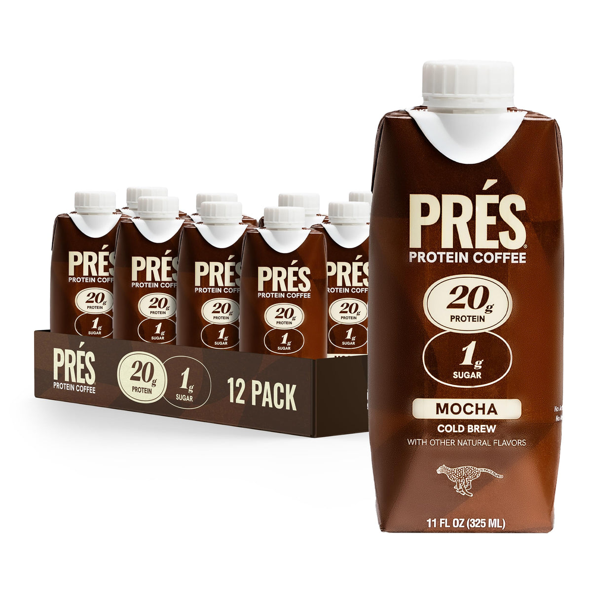 PRÉS protein coffee mocha bottle showing balanced flavor and clean ingredients.
