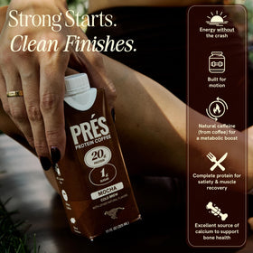 PRÉS Protein Coffee nutrition label close-up shows 100 calories and 20g protein.