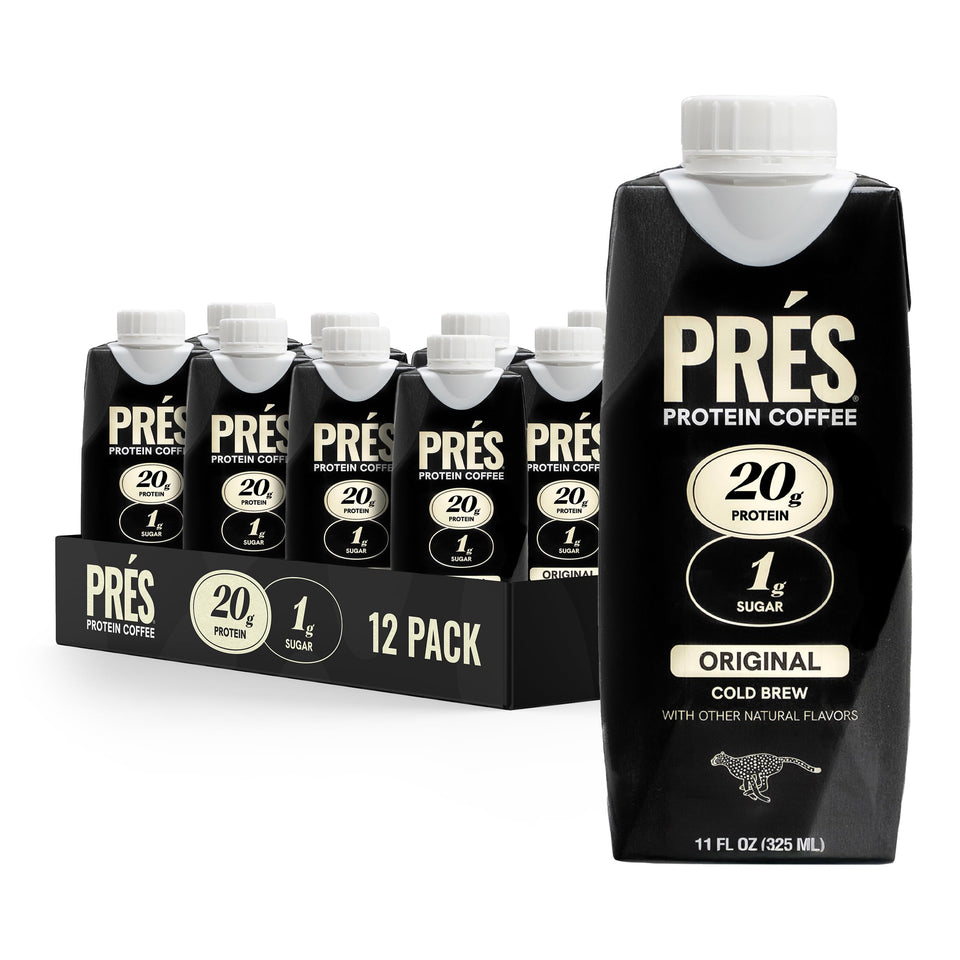 PRÉS Protein Coffee bottle showing real coffee flavor and 20g protein for on-the-go mornings