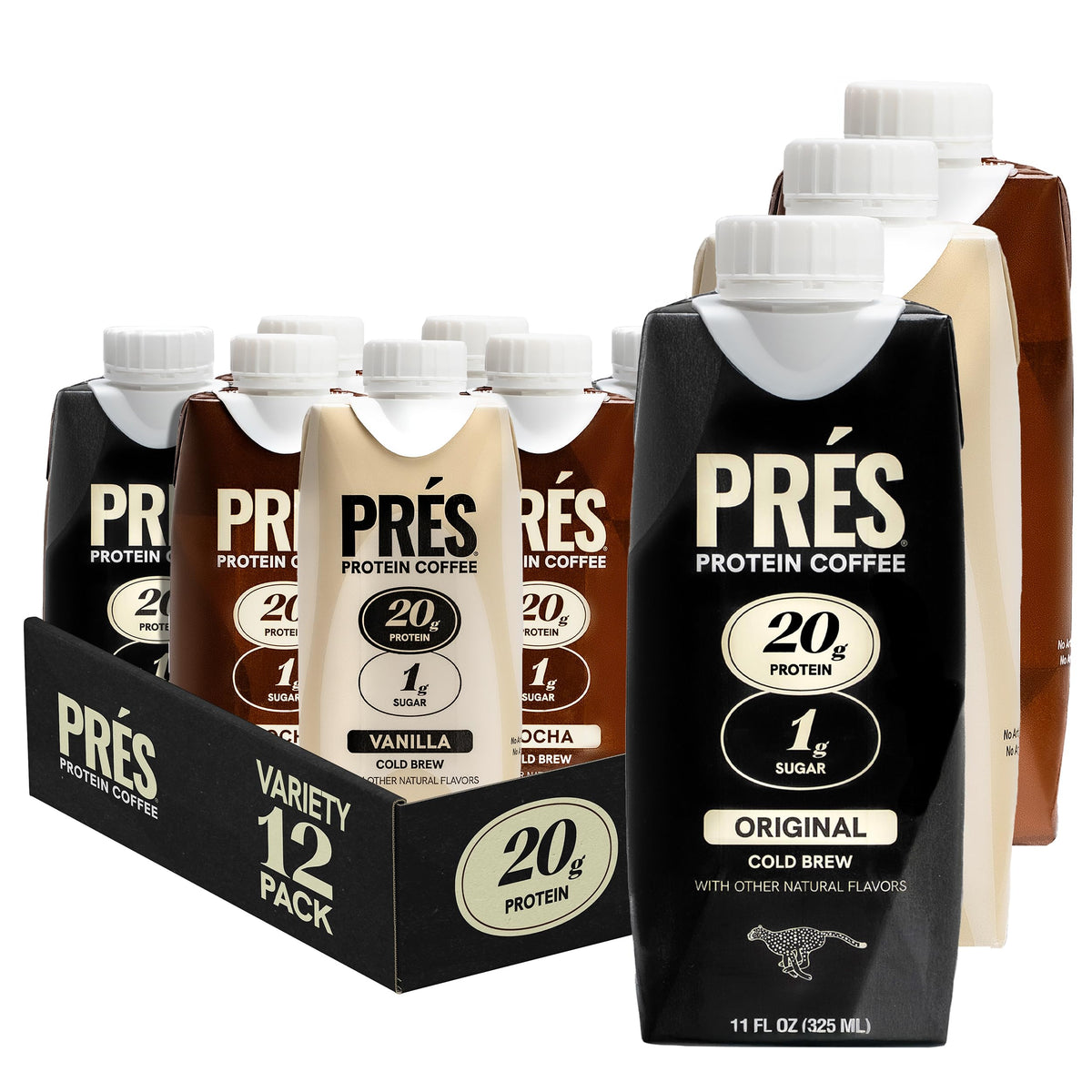 PRÉS Protein Coffee Original bottle highlighting bold flavor and protein boost.
