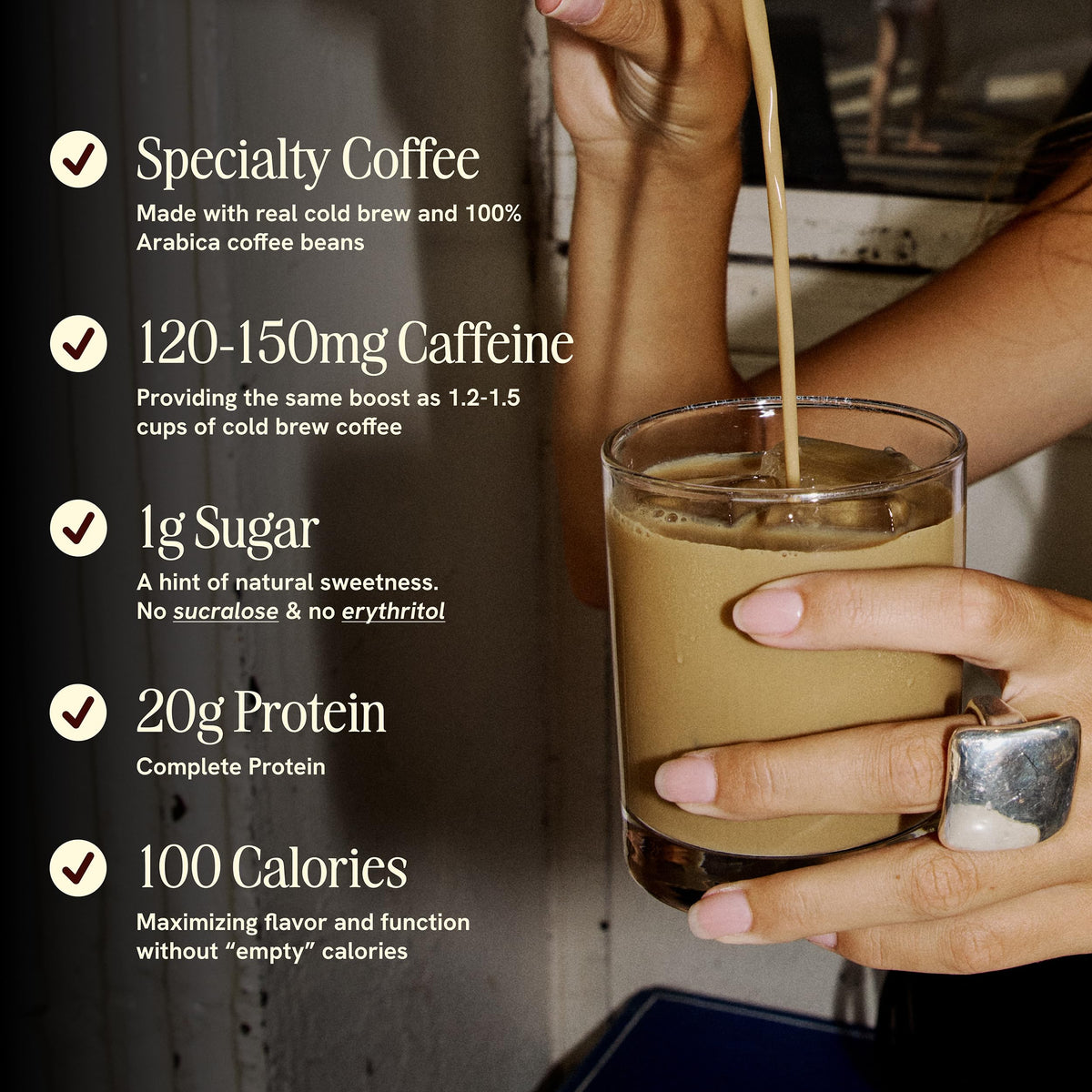 PRÉS Protein Coffee Original pour over glass signals convenient ready-to-drink.
