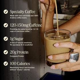 PRÉS Protein Coffee Original pour over glass signals convenient ready-to-drink.
