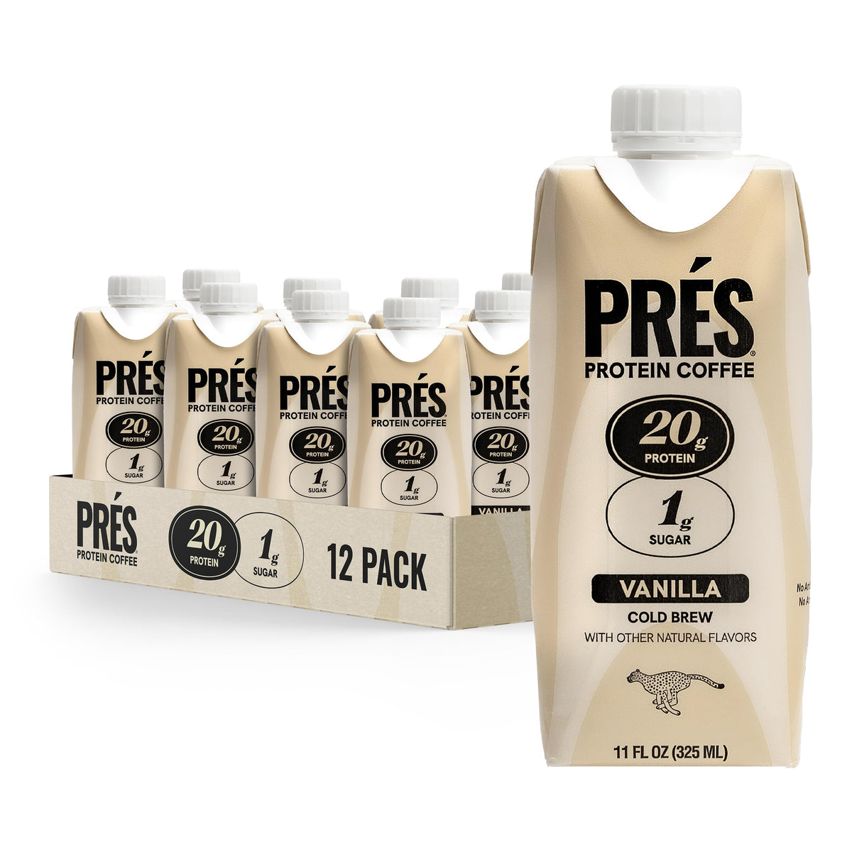 PRÉS Protein Coffee Vanilla bottle showing real cold brew and 20g protein