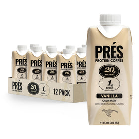 PRÉS Protein Coffee Vanilla bottle showing real cold brew and 20g protein