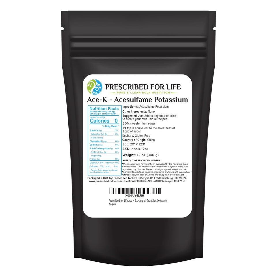 Prescribed For Life Ace K Sweetener bottle shows pure Ace K for zero calorie sweetness