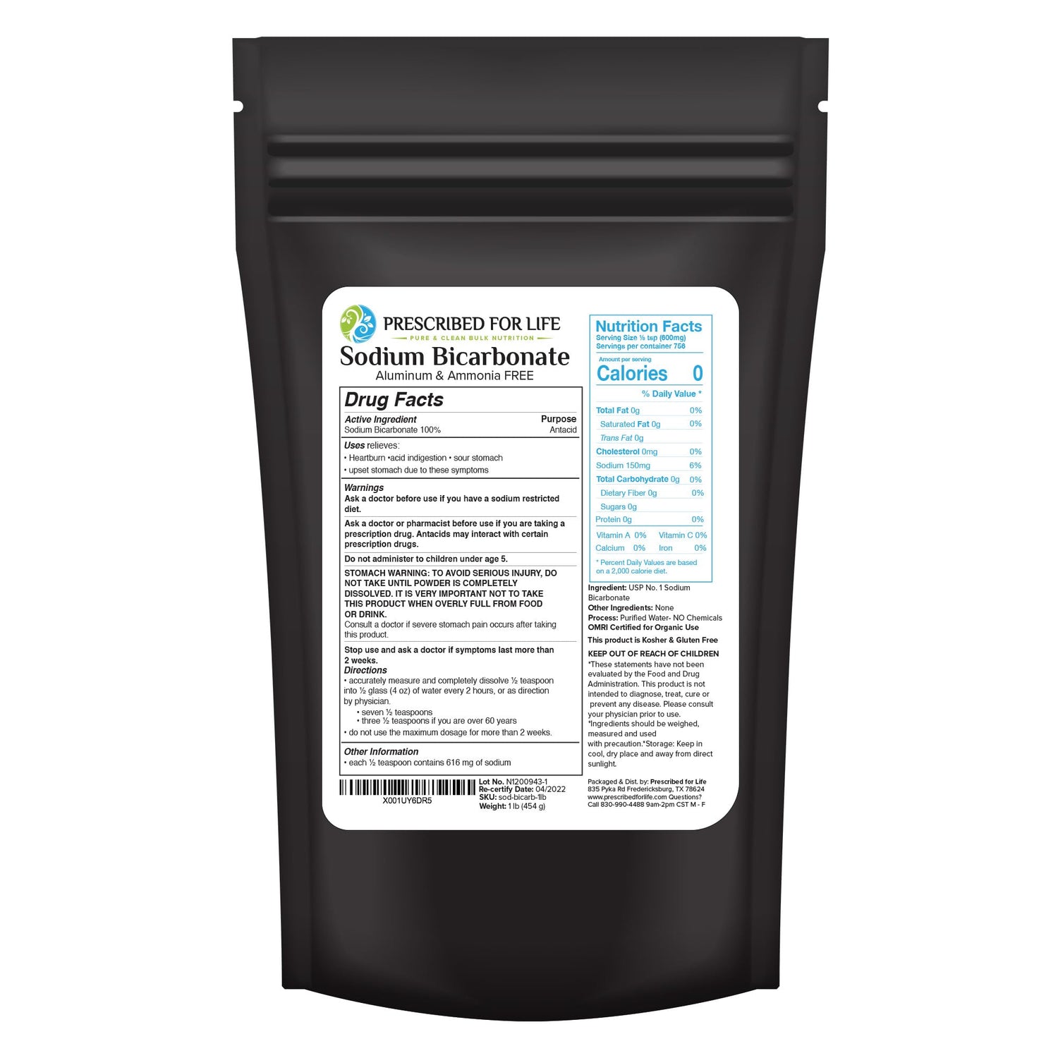 Prescribed For Life baking soda 1lb pouch front for bulk storage and easy use.