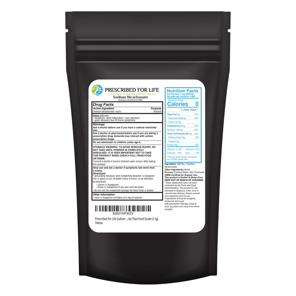 Prescribed For Life sodium bicarbonate powder front packaging highlights USP grade quality for versatile use.