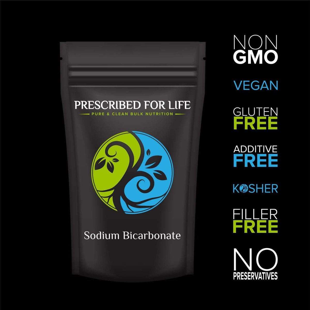 Prescribed For Life sodium bicarbonate powder texture close-up shows fine baking-grade consistency.