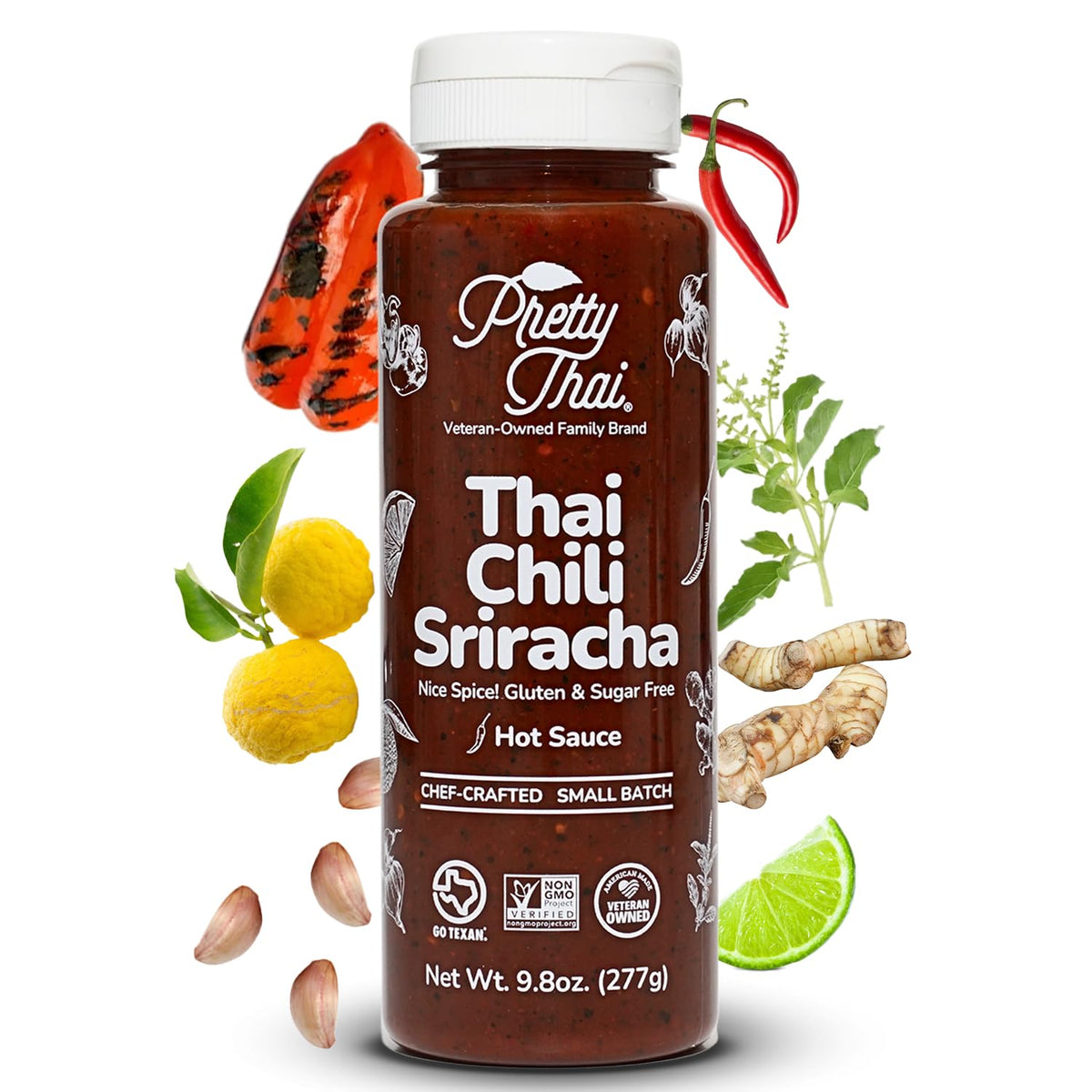 Pretty Thai Sriracha bottle pour adds bold heat to dishes.