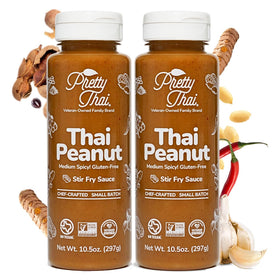 Pretty Thai Peanut Sauce bottle ready to pour for weeknight stir-fries.