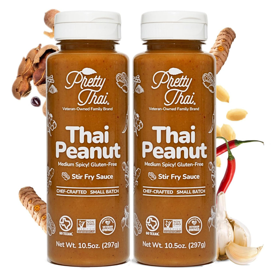 Pretty Thai Peanut Sauce bottle ready to pour for weeknight stir-fries.