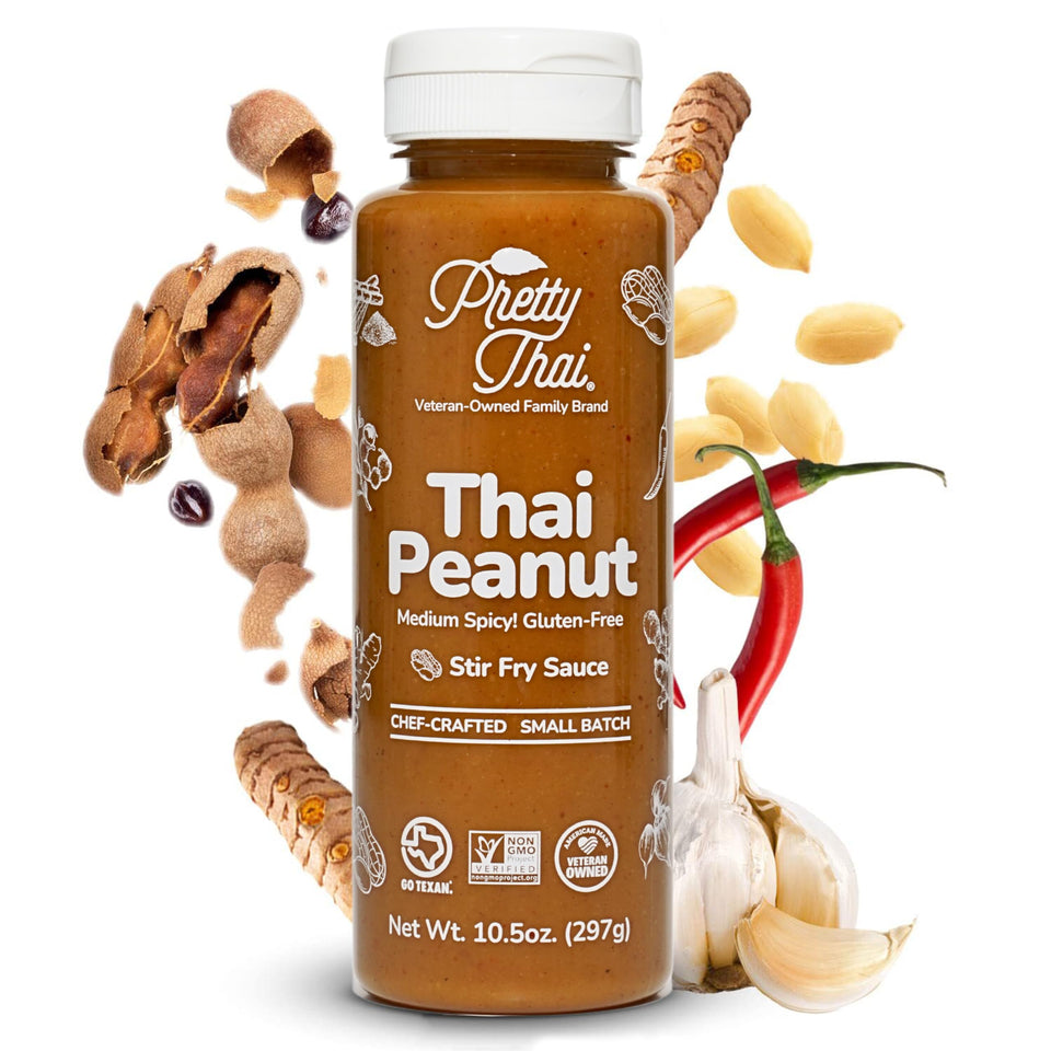 Pretty Thai Peanut Sauce bottle pour highlights versatile glaze for stir-fries and dipping.