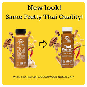 Pretty Thai Peanut Sauce jar closeup reveals nutty notes and creamy texture.