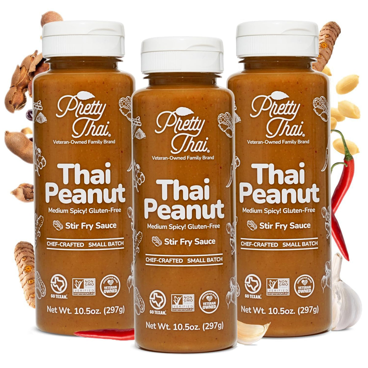 Pretty Thai Peanut Sauce bottle pouring for quick weeknight dinner.