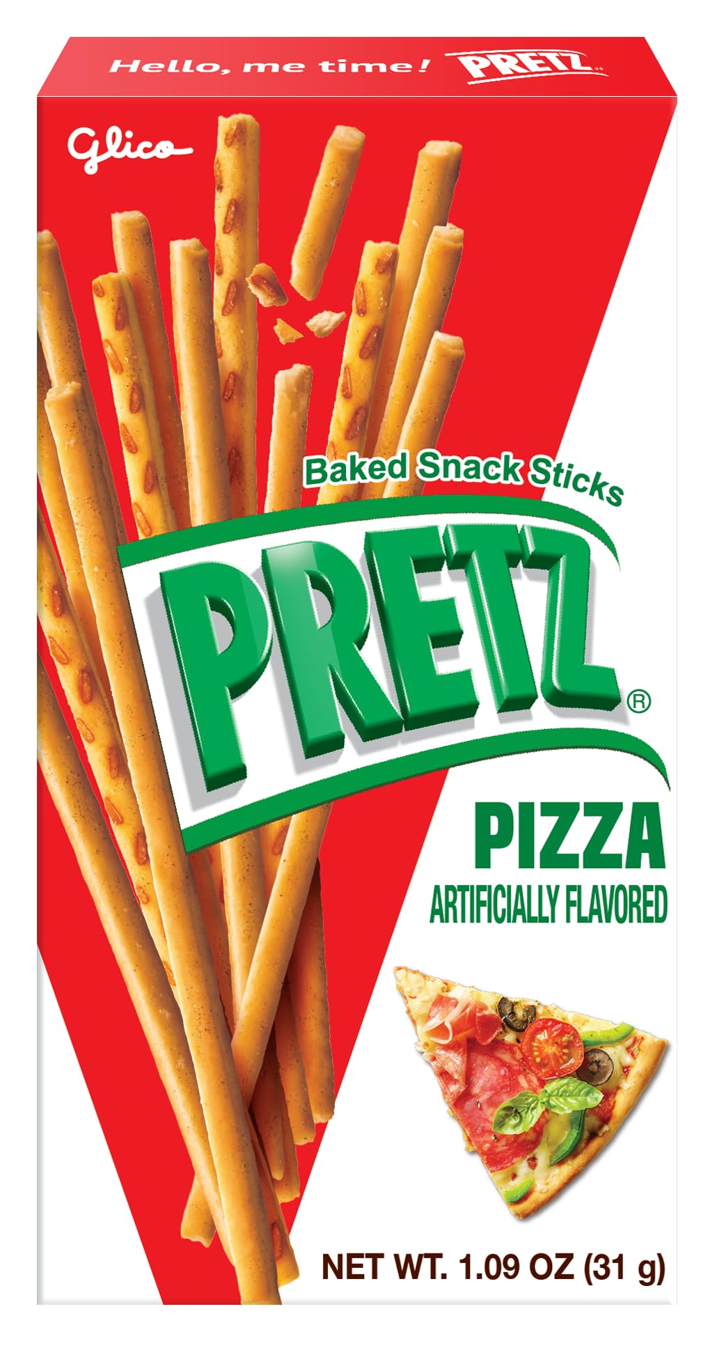 Pretz pizza-flavor close-up showing cheese and tomato notes.