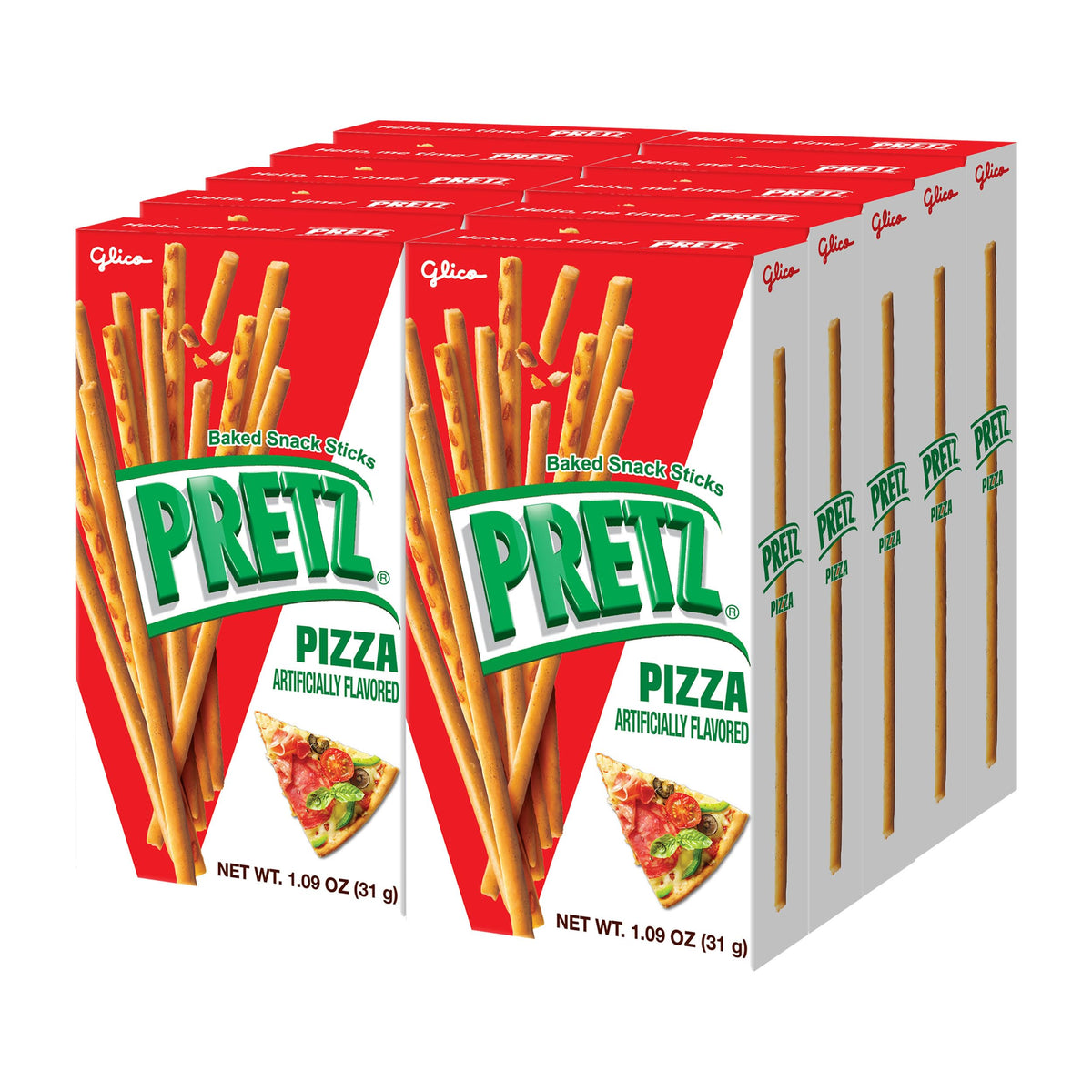 Pretz pizza-flavor biscuit sticks on pack, savory grab-and-go snack.