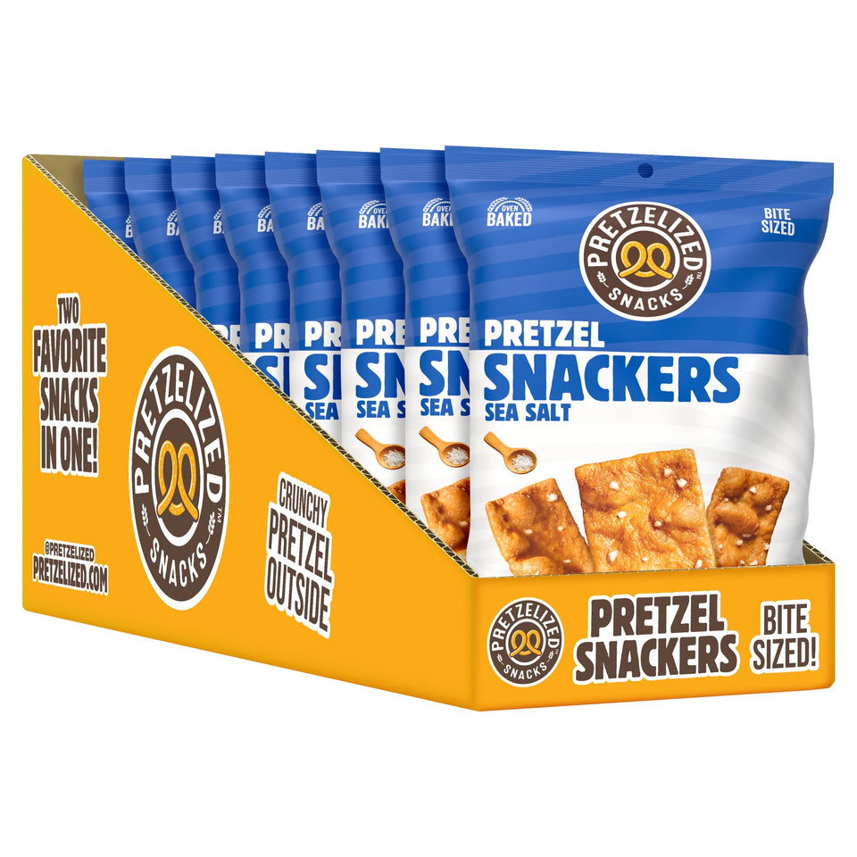 Pretzelized Snackers Sea Salt bag shows convenient 2 oz portions for on-the-go snacking