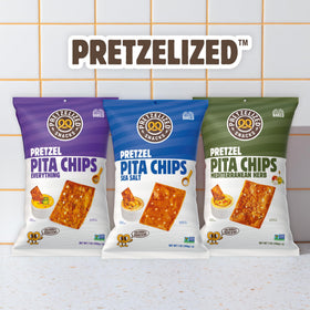 PRETZELIZED Snacks Pretzel Pita Chips sea salt close-up shows airy crunch ideal for snacking.
