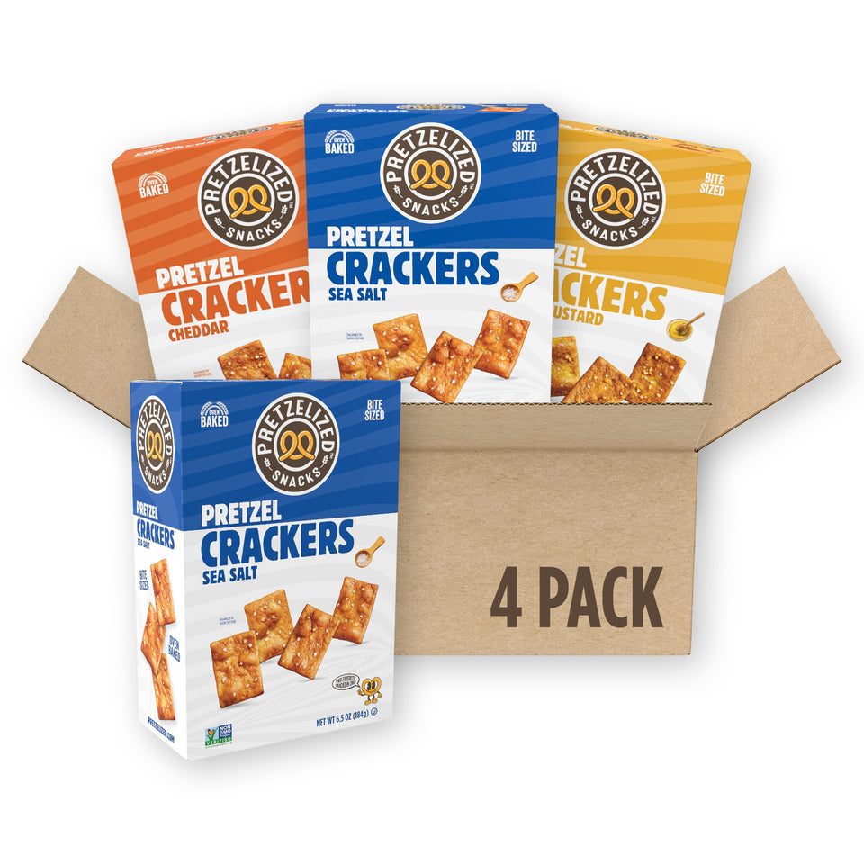 PRETZELIZED Snacks sea salt crackers in a box for on-the-go snacking