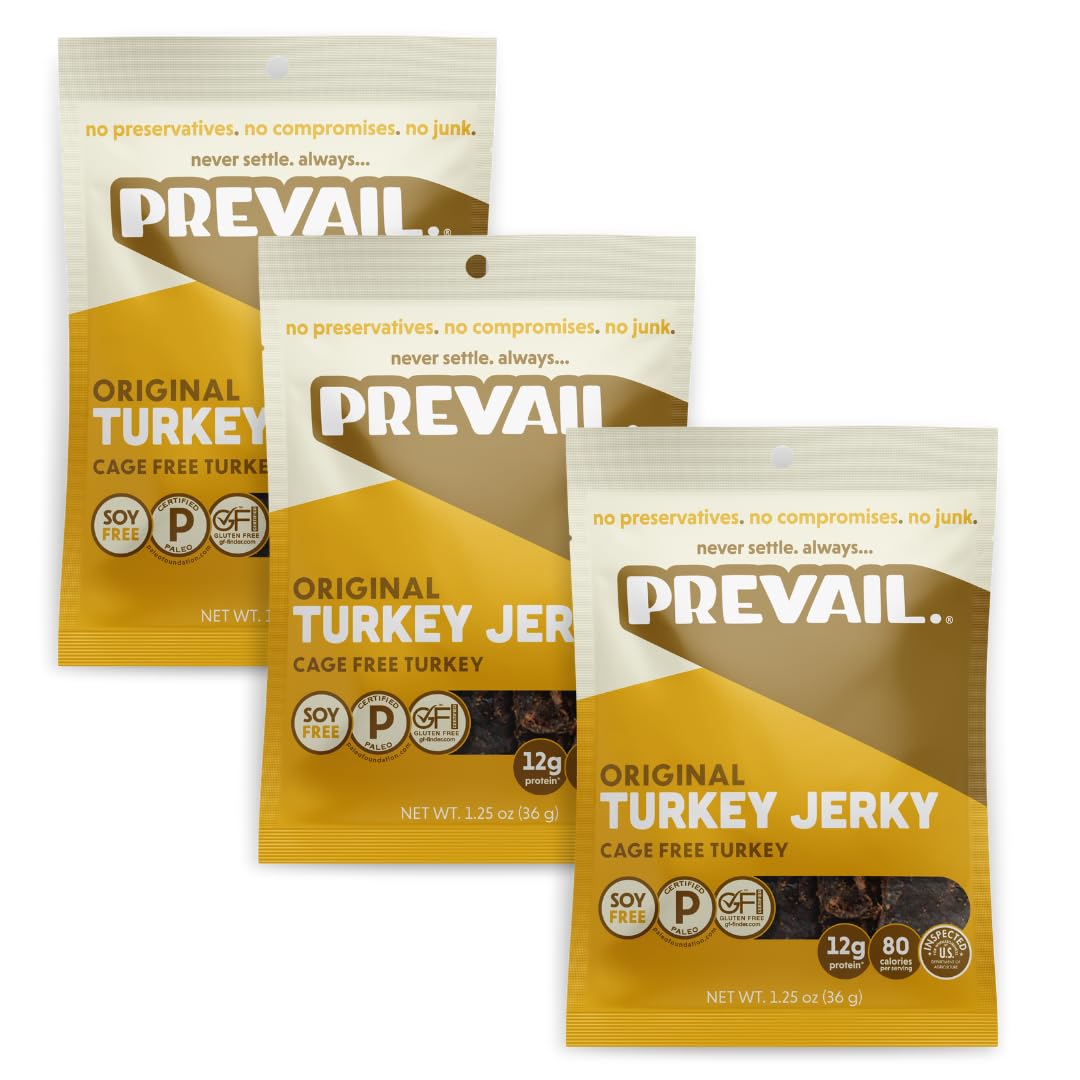 PREVAIL Free-Range Turkey Jerky pack front showing triple-bag bundle for on-the-go protein