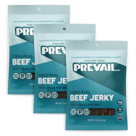 Prevail Jerky Original packaging close-up, on-the-go snacking.