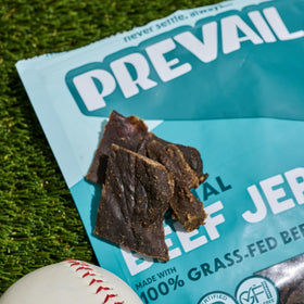 Prevail Jerky Original thin-sliced beef close-up with rich color.