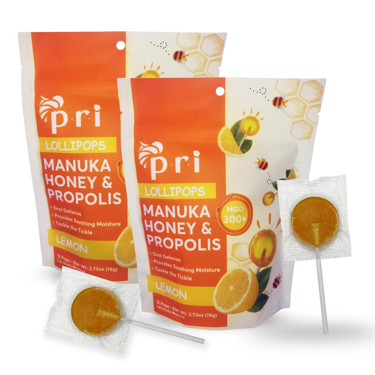 P.R.I lemon manuka lollipop pack with bright citrus flavor for throat comfort