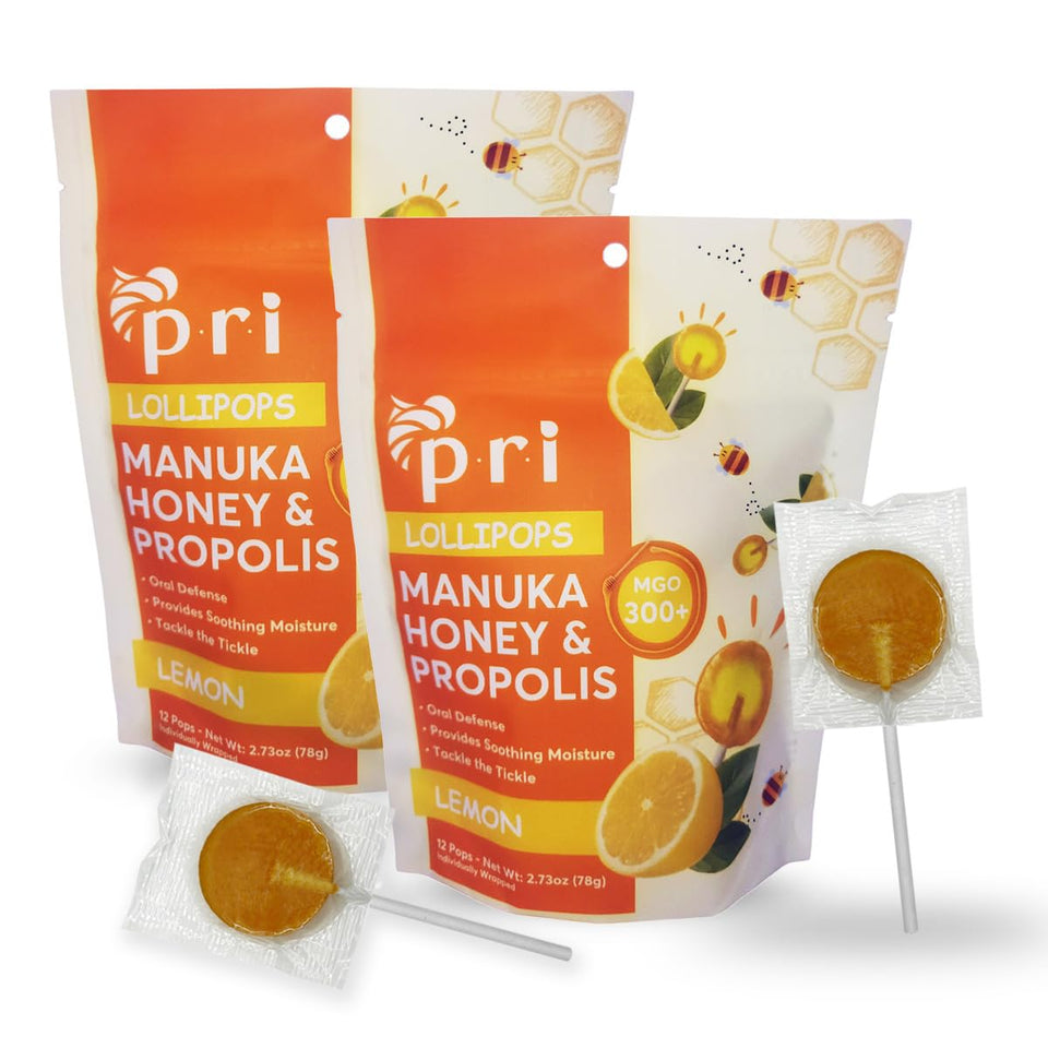 P.R.I lemon manuka lollipop pack with bright citrus flavor for throat comfort