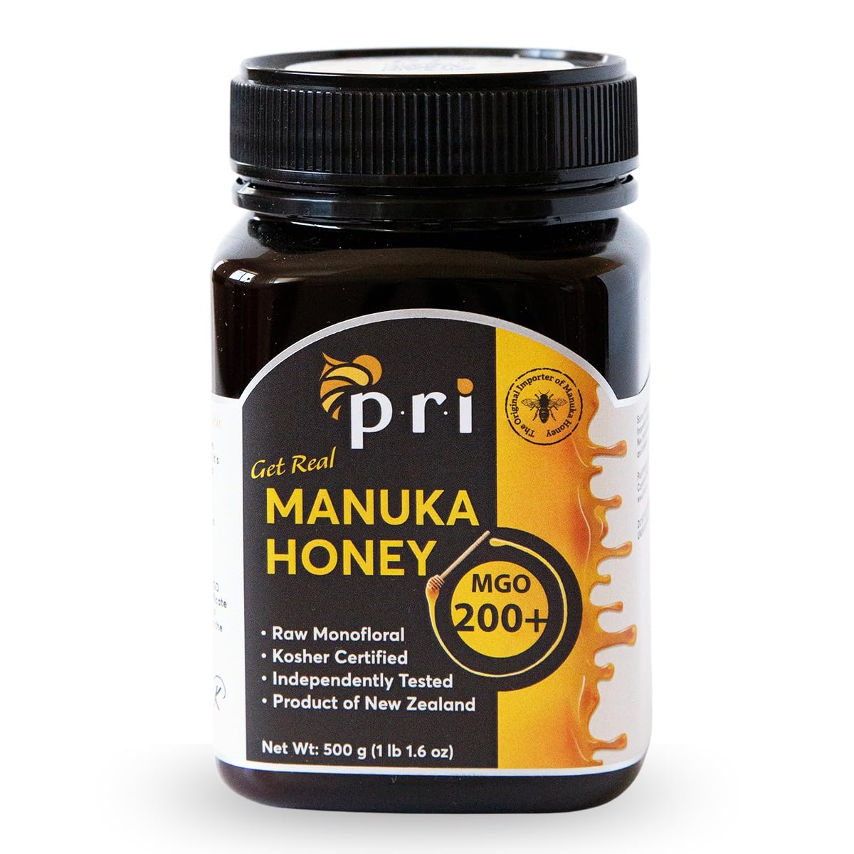 P.R.I Manuka honey jar closeup showing rich amber color for flavorful drizzle